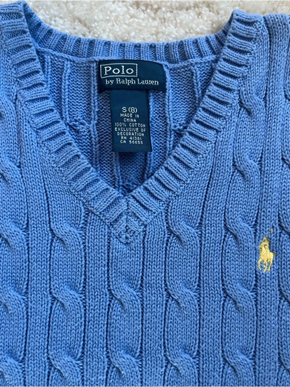 Ralph Lauren Blue Cable Knit V-Neck Sweater Vest with Yellow Pony (KB- 1D)